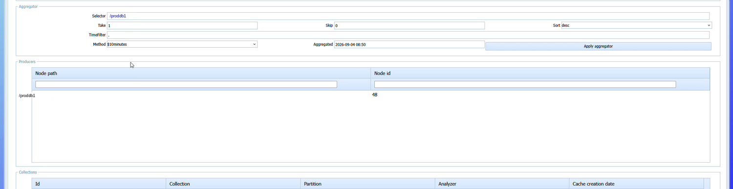 Formulaire d'agrégation : Selector, Take, Skip, Sort, TimeFilter, Method, Producers, Collections