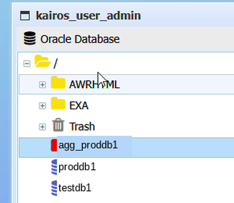 Nouveau nœud rouge agg_proddb1 dans l'arborescence, à côté des nœuds sources proddb1 et testdb1
