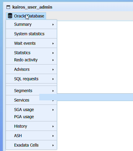 Menu Oracle Database déroulé, avec ses sous-menus