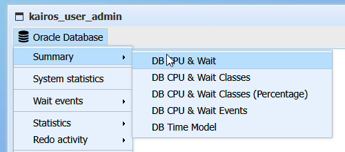 Sous-menu Summary déroulé : DB CPU & Wait, DB CPU & Wait Classes, DB Time Model...